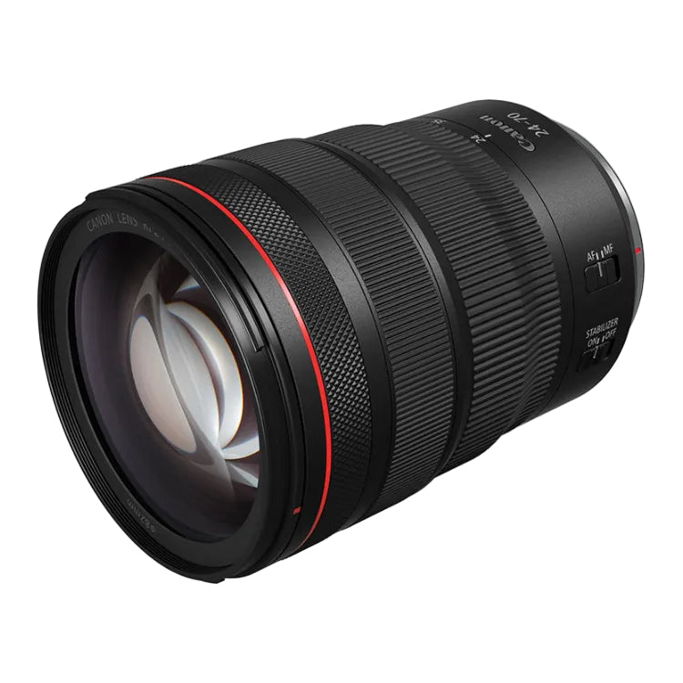 Camera lens with black and red design on a white background