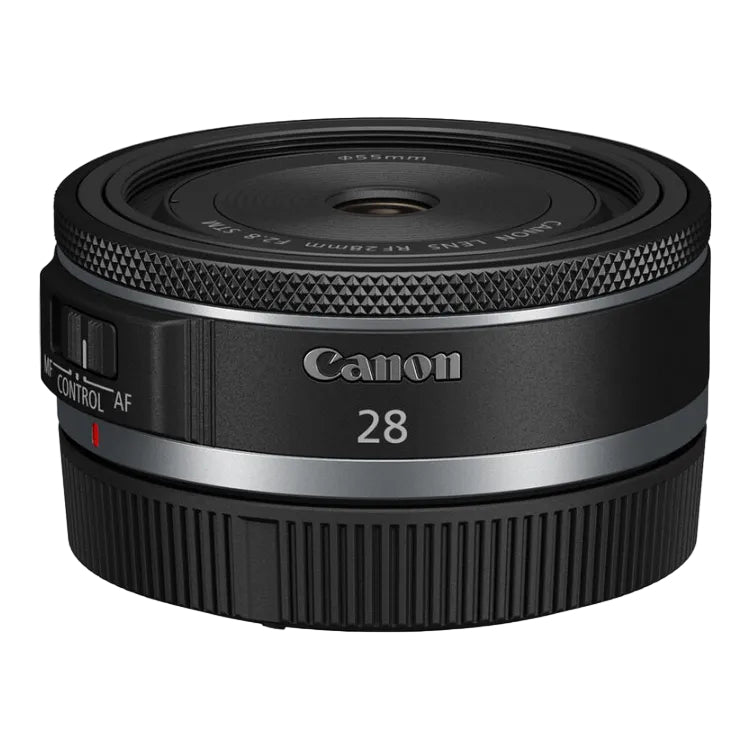 Canon camera lens with '28' on a white background