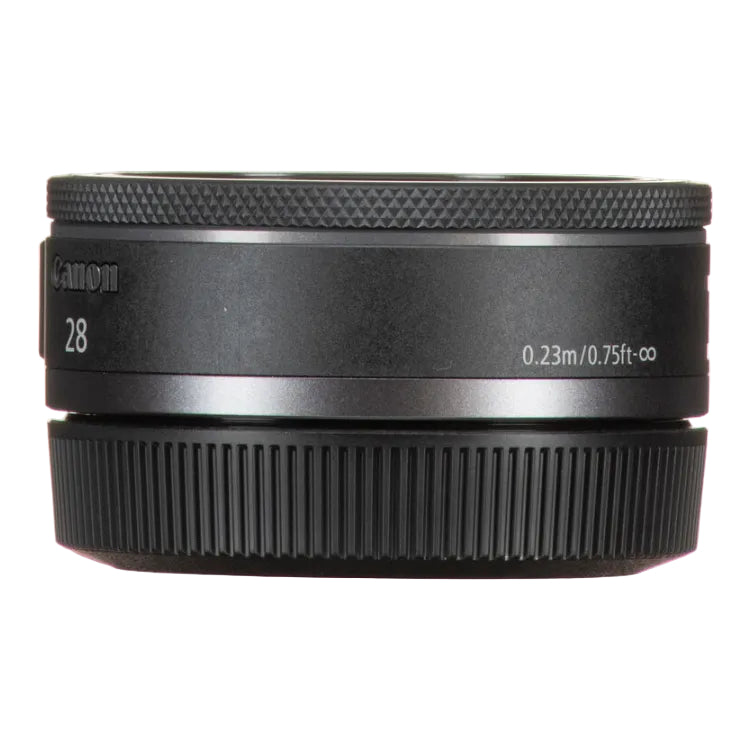 Canon 28mm lens hood with textured front and back rings, featuring a matte black finish and white printed text indicating focal length and distance.