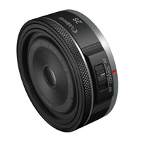 A Canon RF 28mm F/2.8 STM lens with a black exterior, visible focal length marking, and an AF/MF control switch.