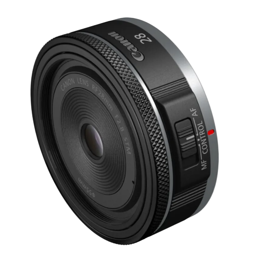 A Canon RF 28mm F/2.8 STM lens with a black exterior, visible focal length marking, and an AF/MF control switch.