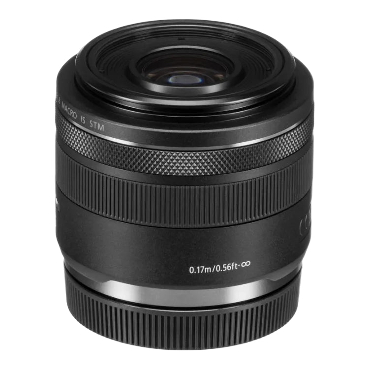 Black camera lens with text on a white background