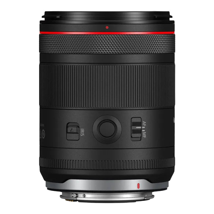Camera lens with black and red design on a white background