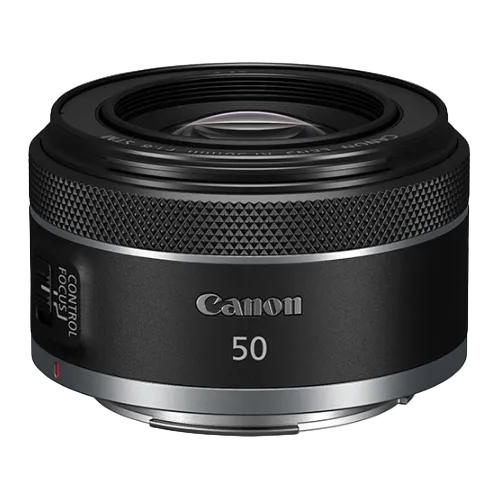 The image shows a Canon RF 50mm f/1.8 STM Lens, with a black exterior, a silver Canon logo, and a gray control ring.