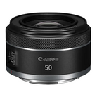 The image shows a Canon RF 50mm f/1.8 STM Lens, with a black exterior, a silver Canon logo, and a gray control ring.
