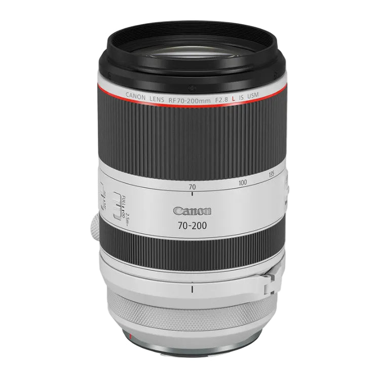 Canon RF 70-200mm f/2.8 L IS USM camera lens in black and silver with a red accent ring, shown on a white background.