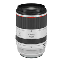 Canon RF 70-200mm f/2.8 L IS USM camera lens in black and silver with a red accent ring, shown on a white background.