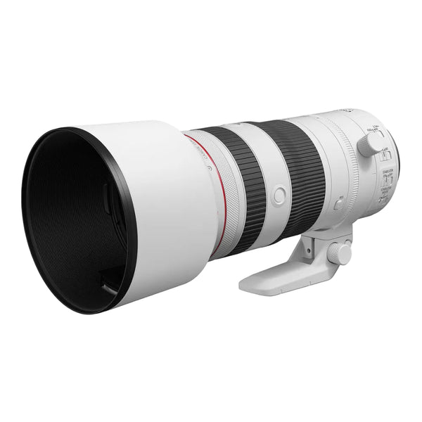 Camera lens with white body and black accents on a white background