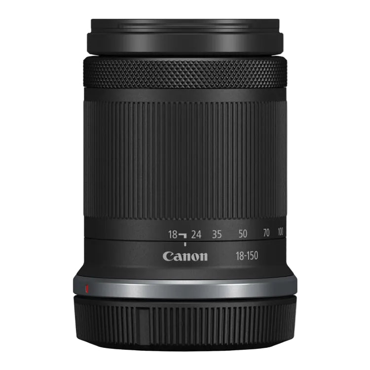 Canon EF 18-150mm f/4L IS USM lens in black, shown from a front-facing angle on a solid white background.