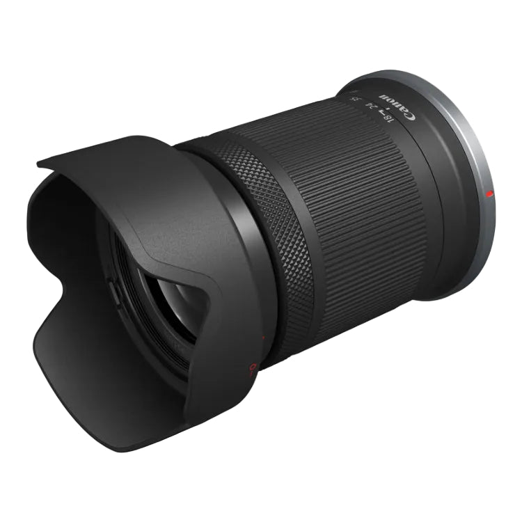 Canon camera lens with lens hood on a white background
