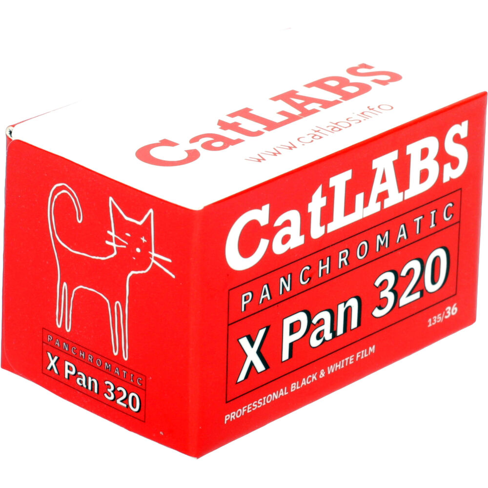 A red and white box of CatLABS Panchromatic X Pan 320 film, featuring a minimalist white cat outline on the side panel.