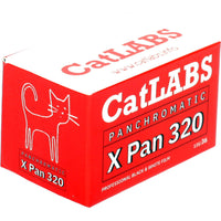 A red and white box of CatLABS Panchromatic X Pan 320 film, featuring a minimalist white cat outline on the side panel.