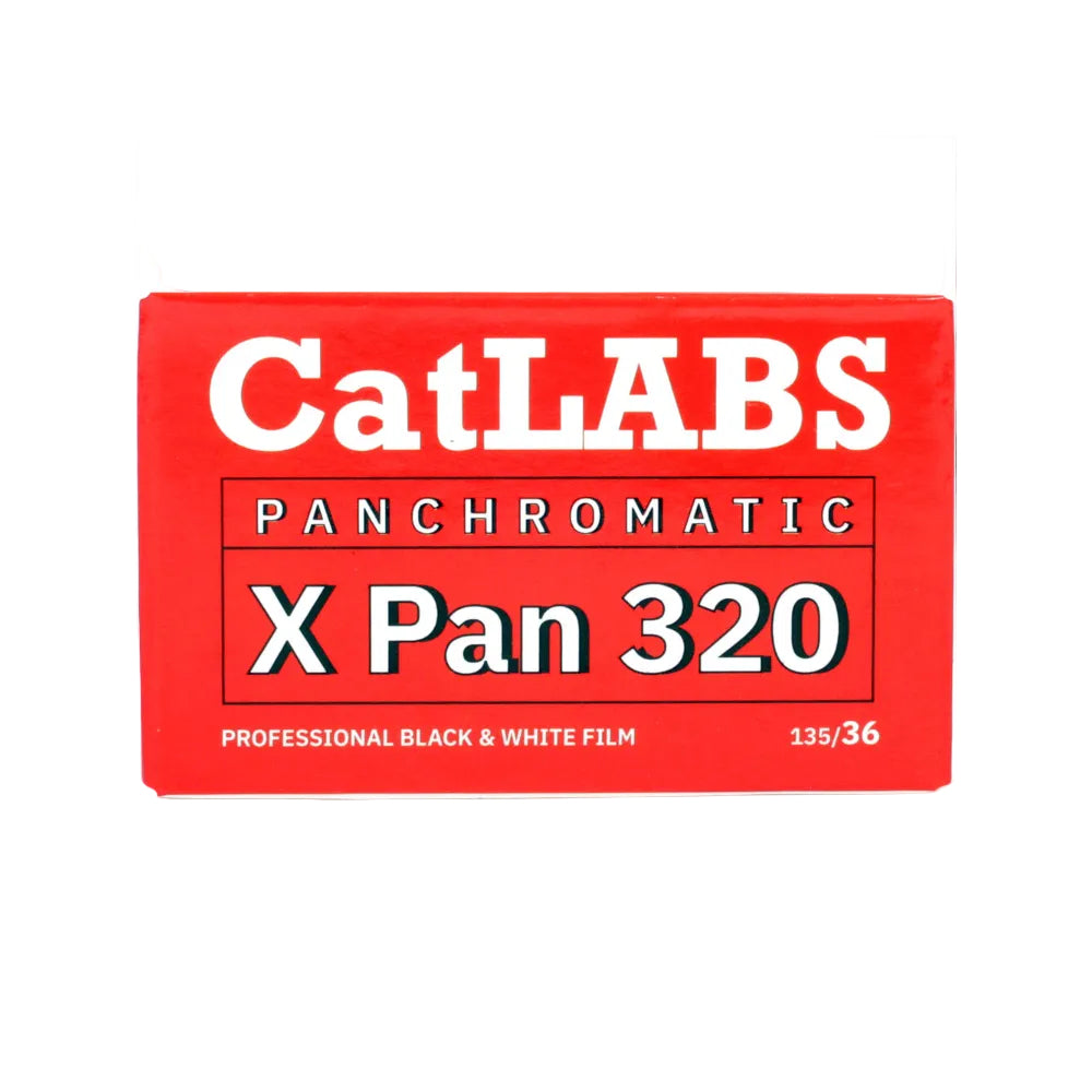 A red box of CatLABS Panchromatic X Pan 320 professional black and white film, shown against a plain white background.