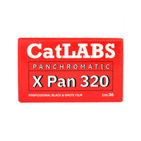 A red box of CatLABS Panchromatic X Pan 320 professional black and white film, shown against a plain white background.