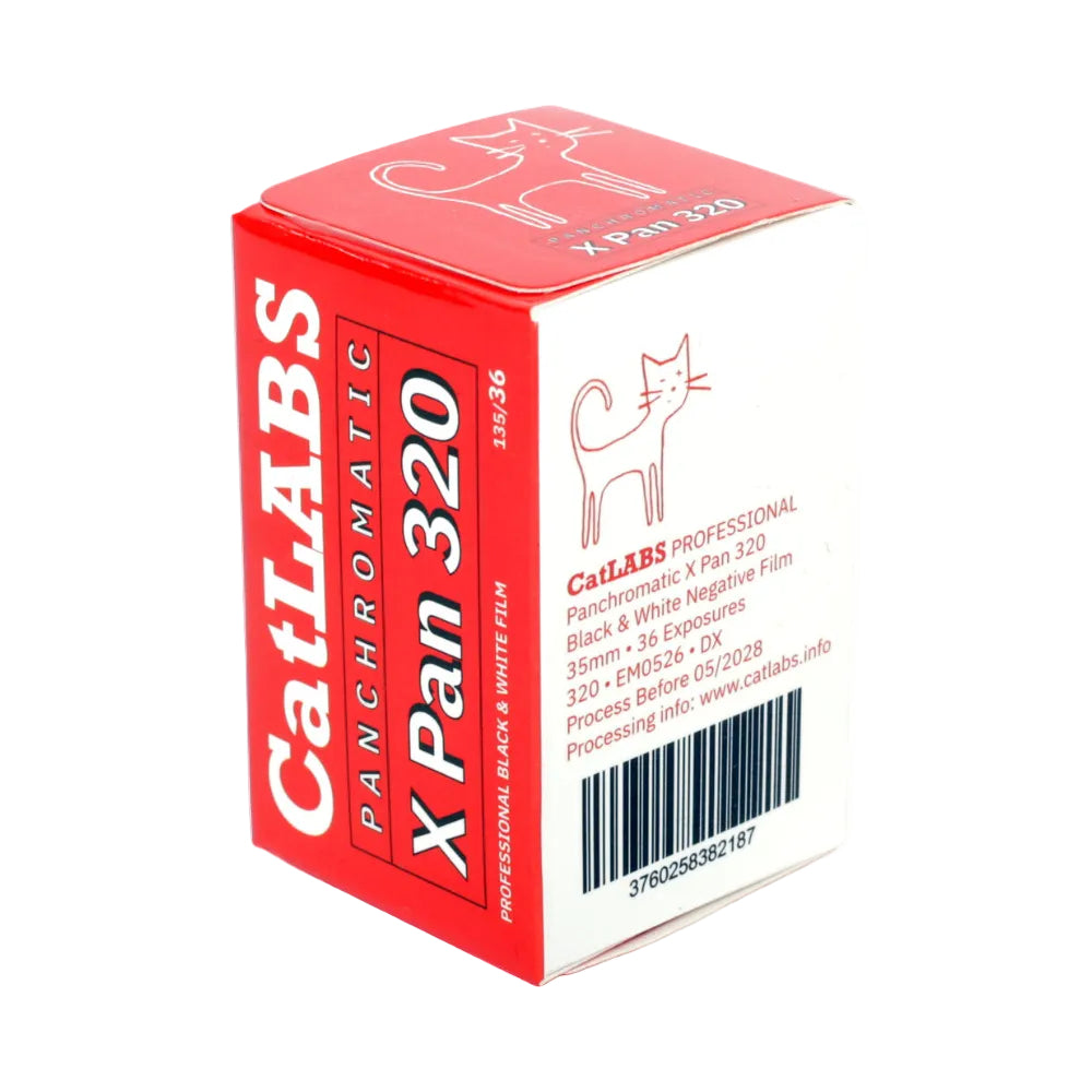 A boxed film package for CatLABS Panchromatic X Pan 320 negative film, shown at an angle on a white background. The box is primarily red and white with black text and a small cat line drawing.