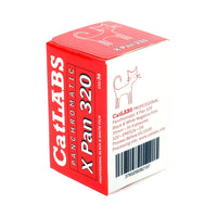 A boxed film package for CatLABS Panchromatic X Pan 320 negative film, shown at an angle on a white background. The box is primarily red and white with black text and a small cat line drawing.