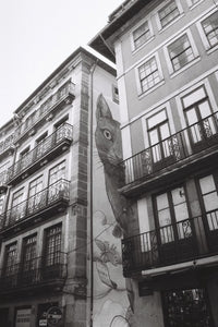 Black and white street photograph of old European buildings with balconies and a large cat mural painted on the side of one building.