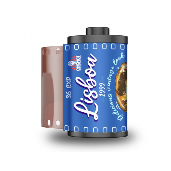 A vintage-style 35mm film roll labeled 'Lisboa 1999' with a blue label, black sprocket edges, and a translucent pink film base visible on the left side, shown on a white background.