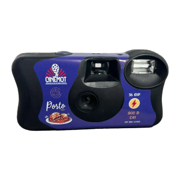 A vintage Cinemot 'Porto' 35mm disposable camera with a purple and black body, featuring a food-themed label.