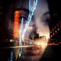 Neon signs and cityscape with a person's face overlay