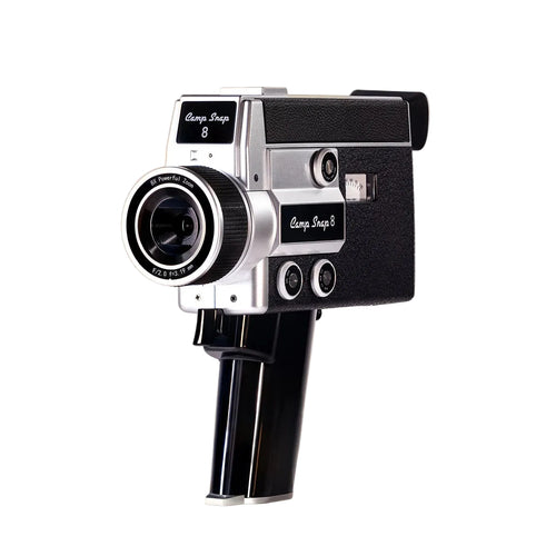 Vintage-style camera with 'Camp Snap 8' branding on a beige background
