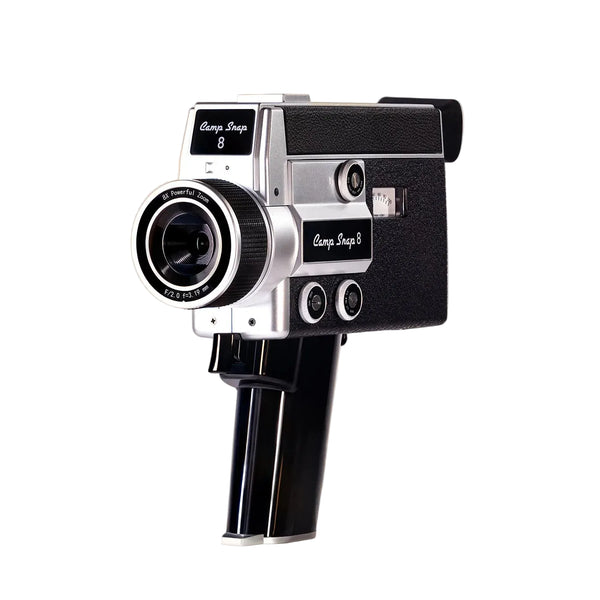 Vintage-style camera with 'Camp Snap 8' branding on a beige background