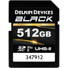 Delkin Devices 512GB Black UHS-II SDXC Memory Card with V90, UHS-I, and U3 certifications on the label.