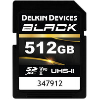 Delkin Devices 512GB Black UHS-II SDXC Memory Card with V90, UHS-I, and U3 certifications on the label.