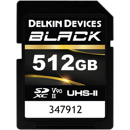 Delkin Devices 512GB Black UHS-II SDXC Memory Card with V90, UHS-I, and U3 certifications on the label.