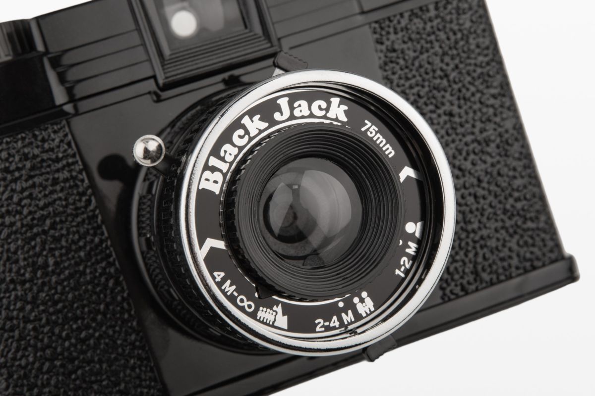 Close-up of a vintage camera with 'Black Jack' branding on the lens.
