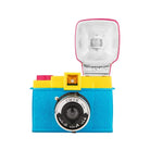 A colorful Lomography Diana F+ camera with a flash attachment and colored gel filters.