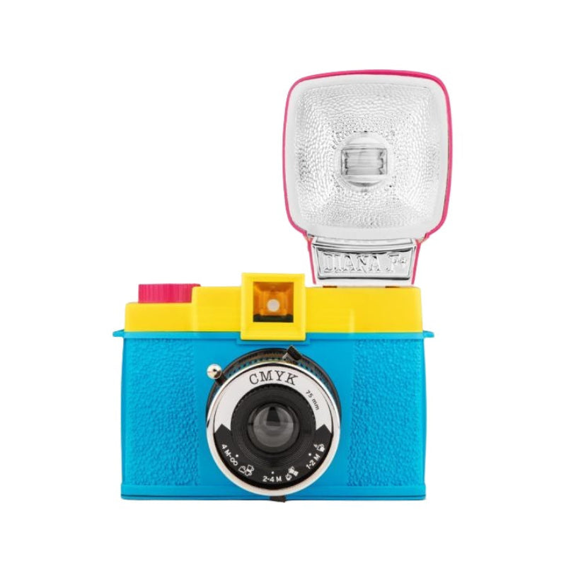 A colorful Lomography Diana F+ camera with a flash attachment and colored gel filters.