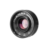 A black Niana+ 75mm f/2.8 Premium Glass Epos camera lens with white lettering, shown at a three-quarter angle on a light gray background.
