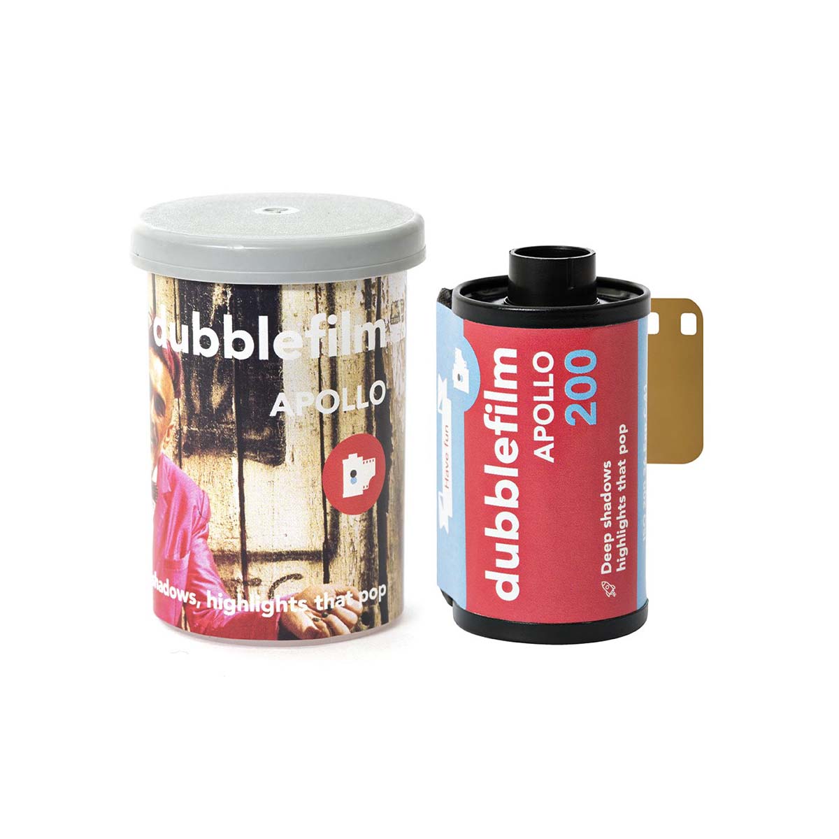 A roll of double film next to its cylindrical storage container, both featuring a red and blue label with 'dubblefilm APOLLO 200' text, on a plain white background.