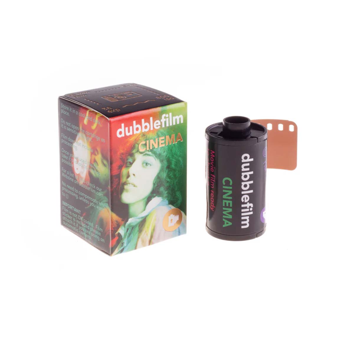 A vintage-style dubblefilm Cinema film canister next to its colorful retail box on a plain white background.