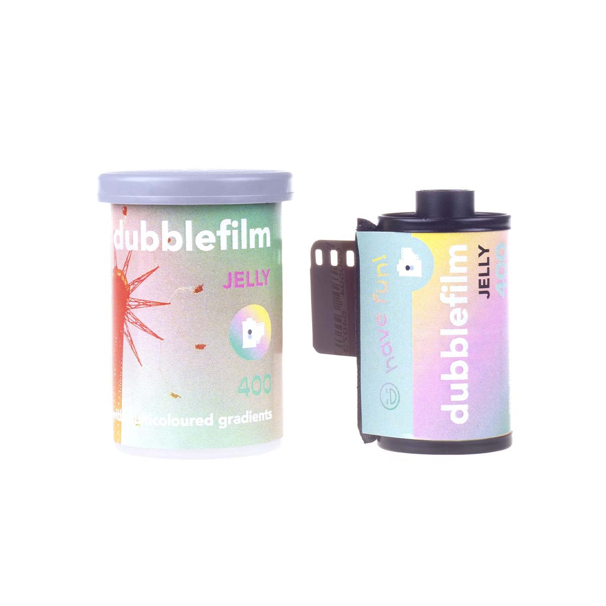 Two rolls of dubblefilm Jelly color gradient film shown on a plain white background, one standing upright and the other lying horizontally to display the film strip.