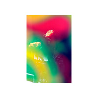 A vertical art print featuring an abstract, heavily blurred photograph of two roses with a vibrant multicolor gradient background of red, green, yellow, and purple.