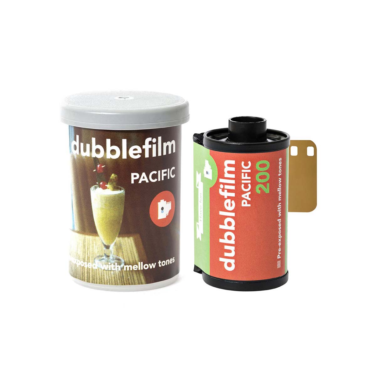 A canister and a roll of Dubblefilm Pacific 200 film shown on a plain white background. The canister is brown with a white lid and a drink illustration, while the film roll has a black body with a red-orange label and a gold film tab.