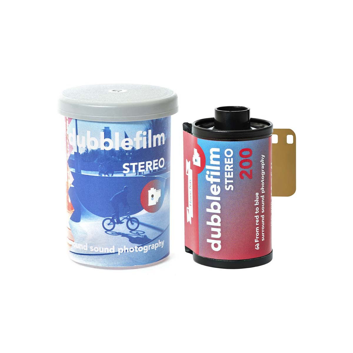 Bubblefilm Stereo 200 film shown as a canister and a roll of color negative film on a plain white background.