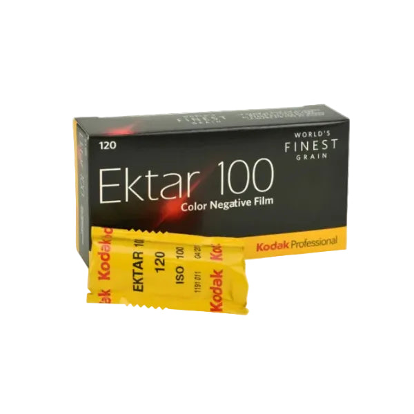 Kodak Ektar 100 color negative film box in black with yellow accents, shown with two yellow film canisters in front on a white background.