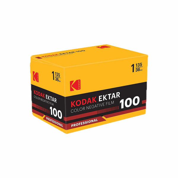 Yellow box of Kodak Ektar 100 film on a white background