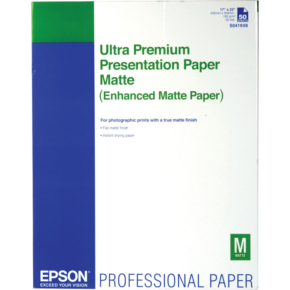 Epson Ultra Premium Presentation Paper Matte packaging with blue and green design.