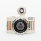 Camera with colorful stripes on a white background