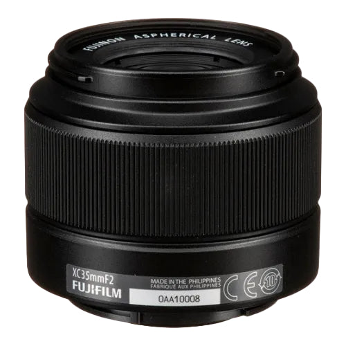 Black Fujifilm camera lens on a white background