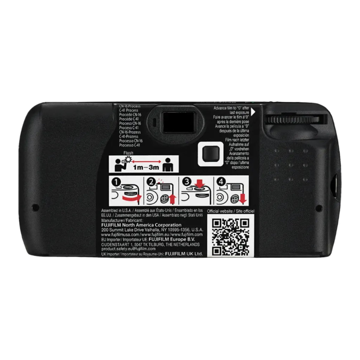 Black plastic camera with small white text and illustrations in black with red arrows for instructions for use on a white background