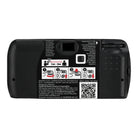 Black plastic camera with small white text and illustrations in black with red arrows for instructions for use on a white background