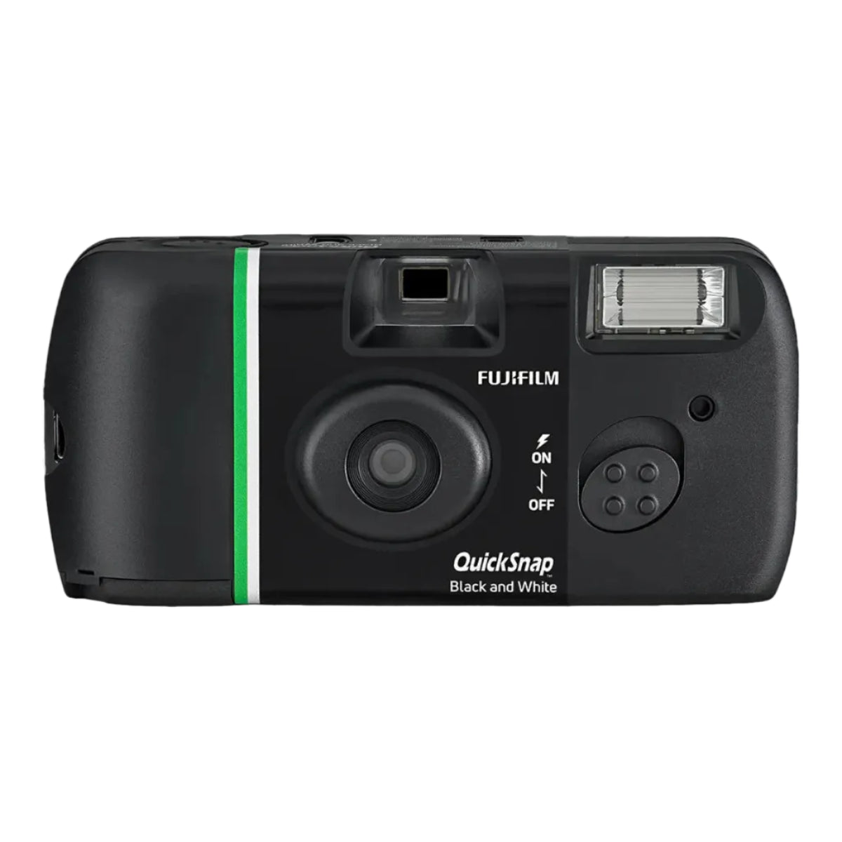 Black plastic camera with green and white stripe and Fujifilm Quicksnap text in white on a white background