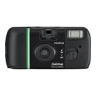 Black plastic camera with green and white stripe and Fujifilm Quicksnap text in white on a white background