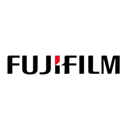 Fujifilm logo in black with a red accent on the letter 'i', centered on a white and light gray checkered transparency-style background.
