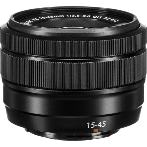 Black camera lens with specifications on a white background